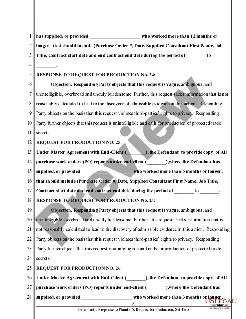 Preview Defendant's Response to Request for Production