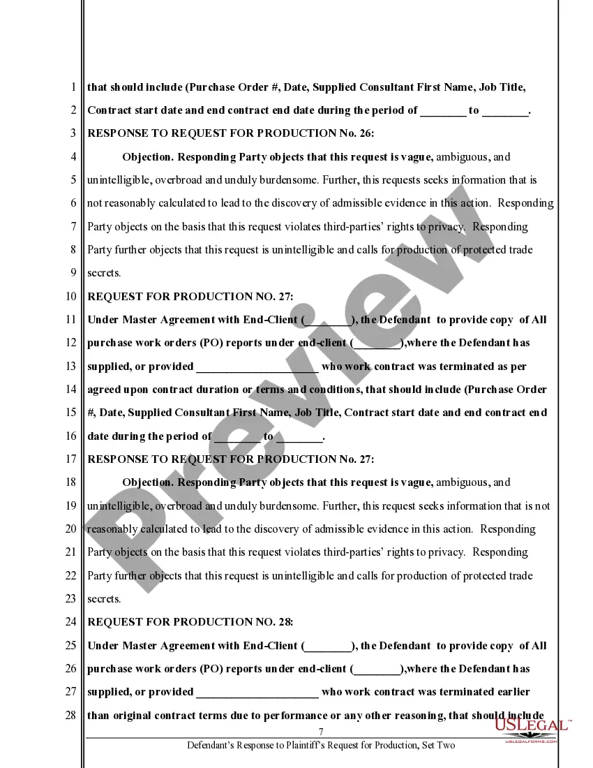 Preview Defendant's Response to Request for Production