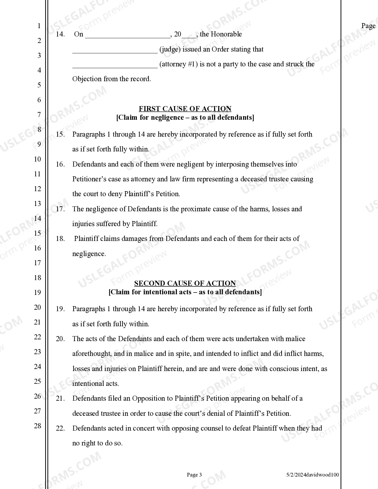 Preview Complaint for Intentional Acts and Negligence