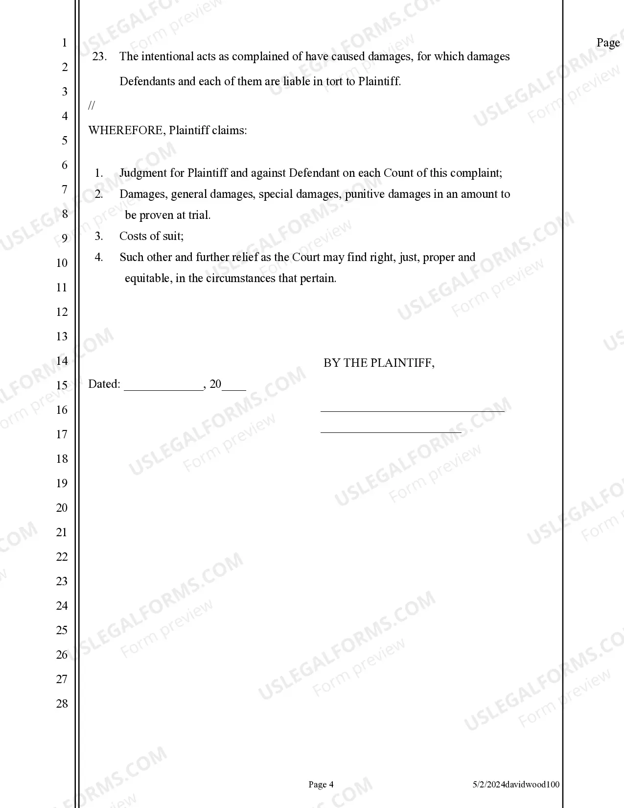 Preview Complaint for Intentional Acts and Negligence