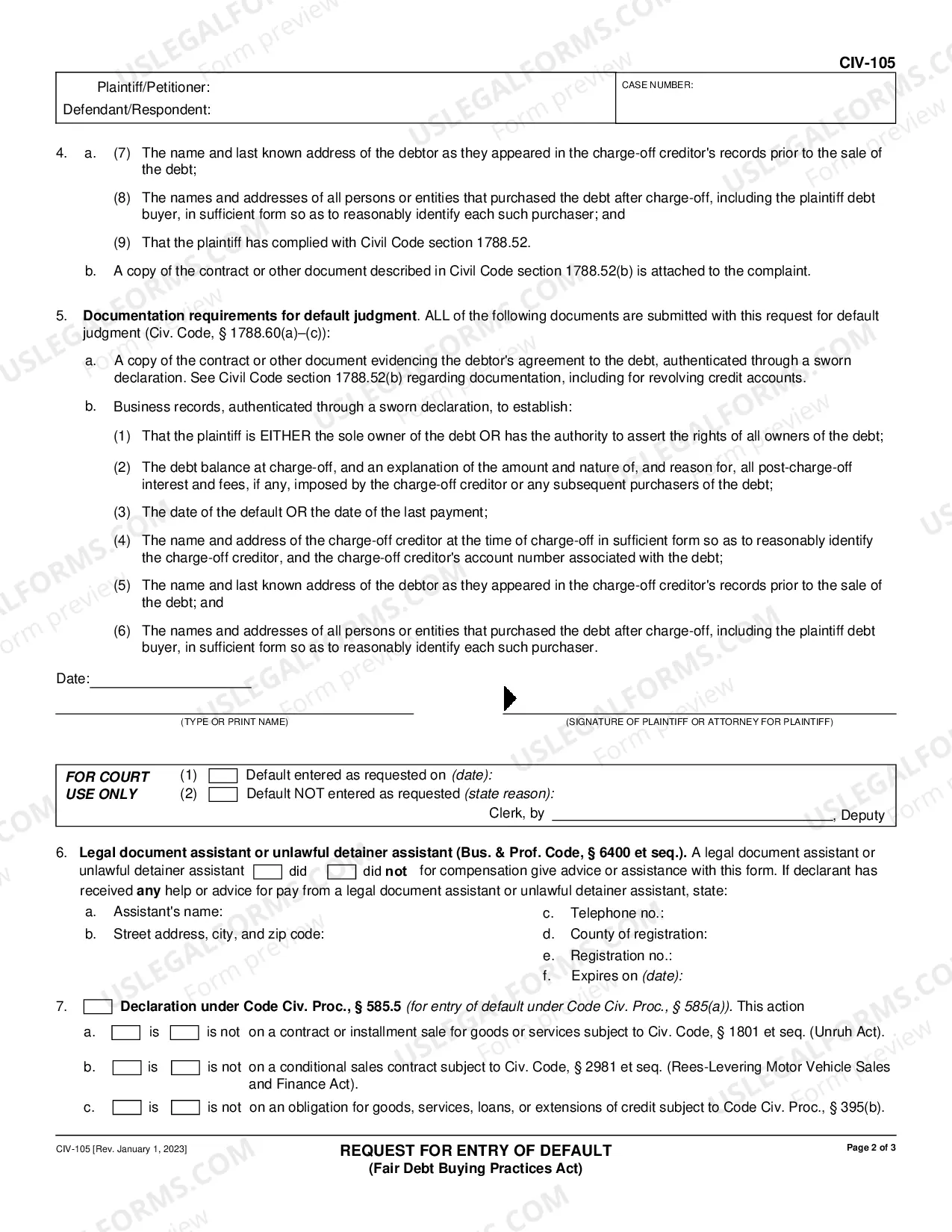 Preview Request for Entry of Default - Fair Debt Buying Practices Act