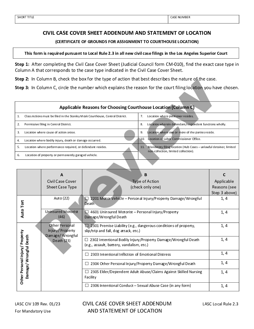 civil case cover sheet los angeles