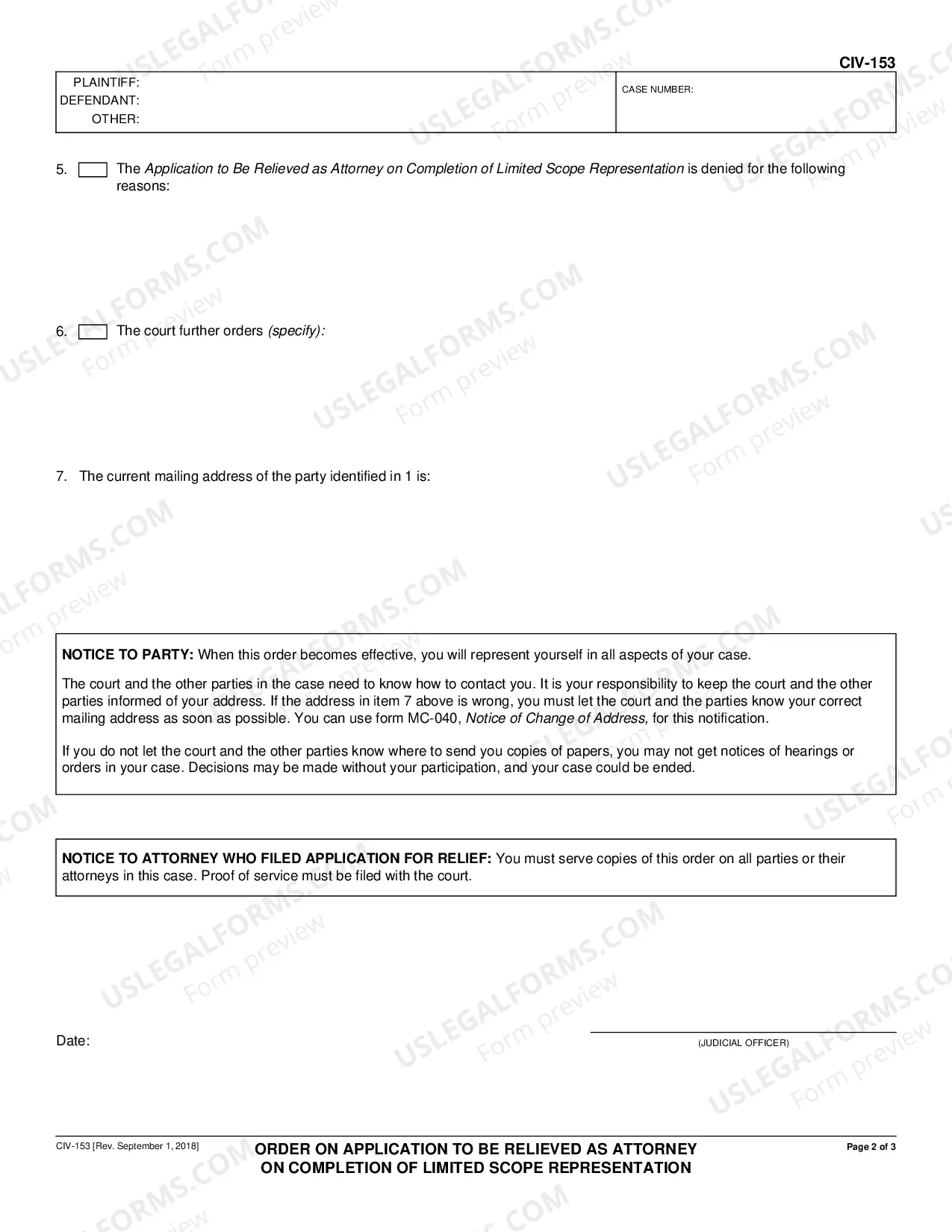 Preview Order on Application to be Relieved as Attorney on Completion of Limited Scope Representation