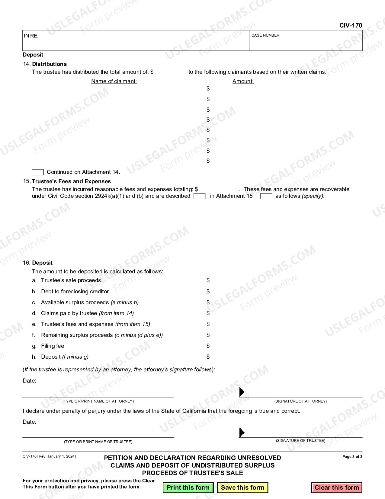 Preview Petition and Declaration Regarding Unresolved Claims and Deposit of Undistributed Surplus Proceeds of Trustee's Sale