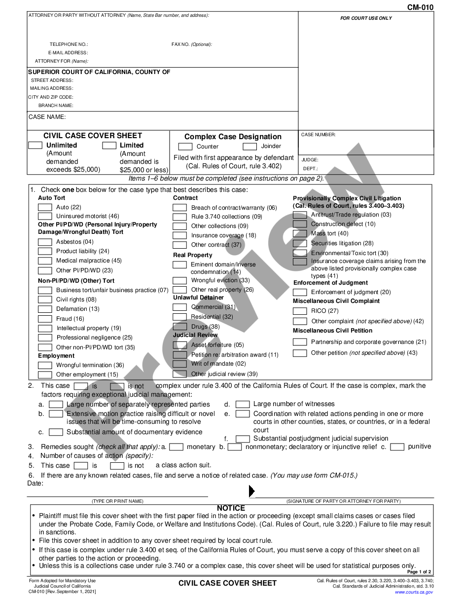 page 0 Civil Case Cover Sheet for Adult, Minor, Family Name Change preview