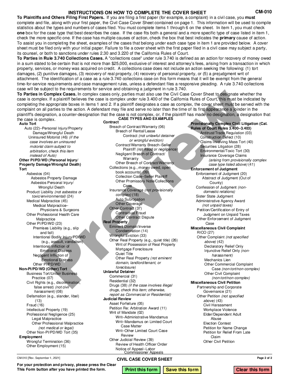 page 1 Civil Case Cover Sheet for Adult, Minor, Family Name Change preview