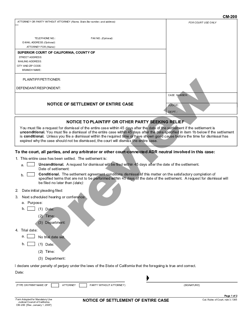 California Notice of Settlement Notice Of Settlement US Legal Forms