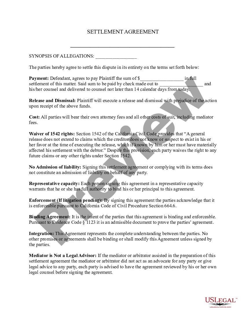 California Settlement Agreement US Legal Forms