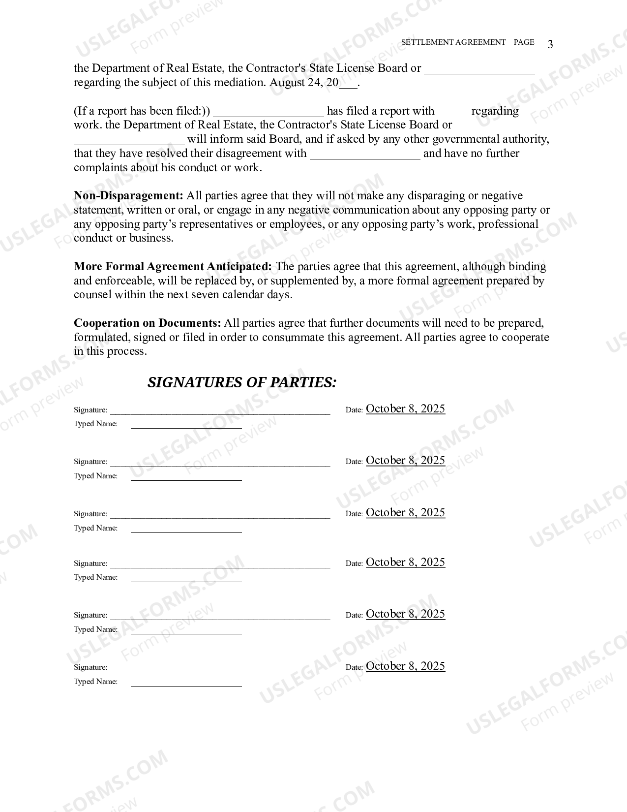 California Settlement Agreement US Legal Forms