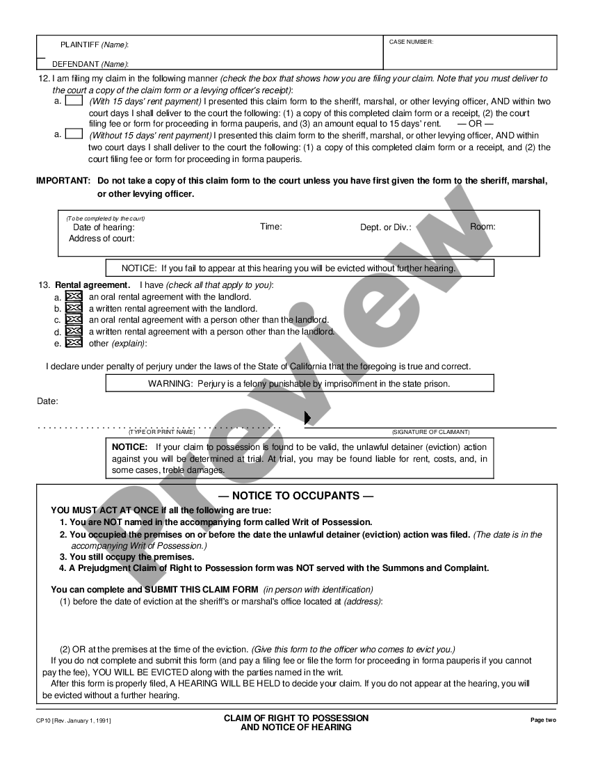 California Claim of Right to Possession - Claim Possession Form | US ...