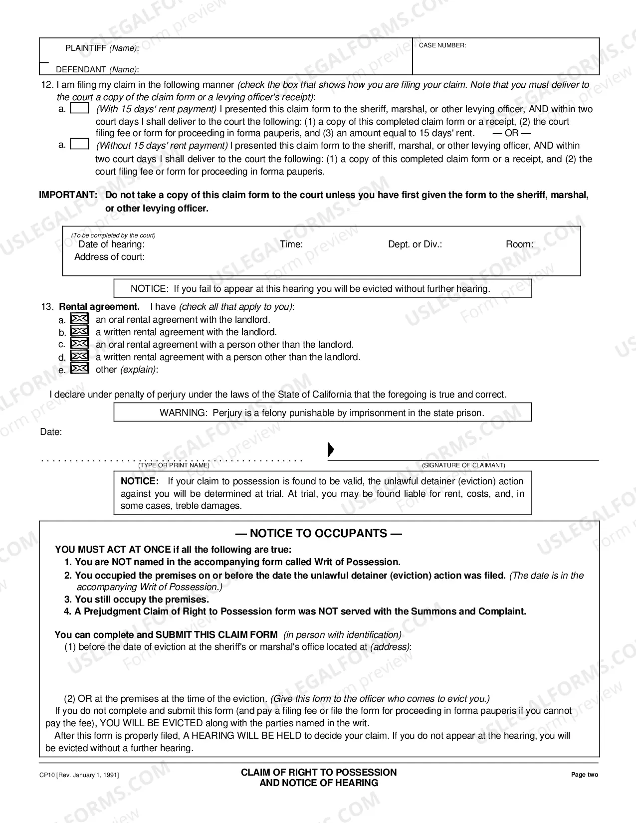 Preview Claim of Right to Possession - Unofficial form for use by levying officers in unlawful detainer cases