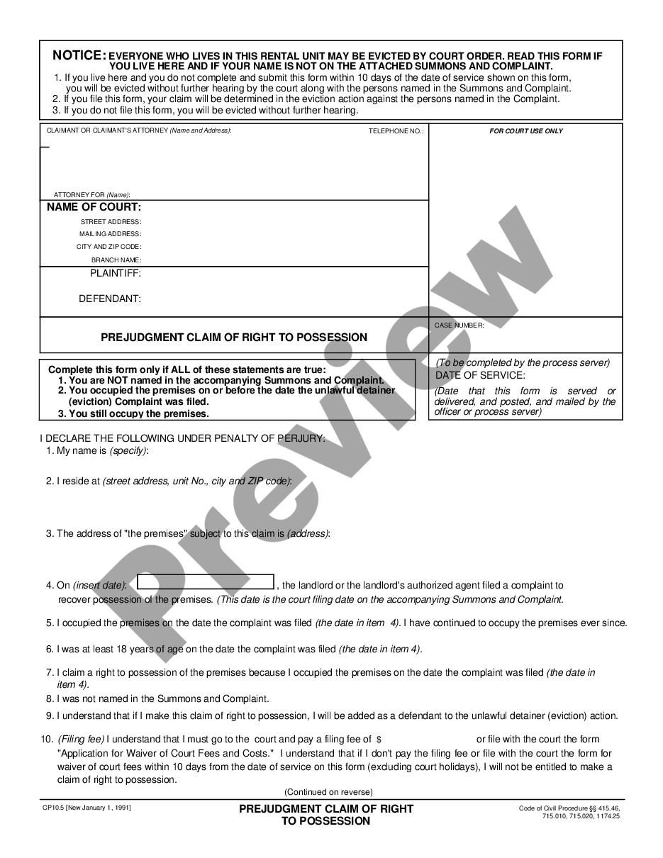 form Prejudgment Claim of Right to Possession - Unofficial form for service with summons in unlawful detainer cases preview