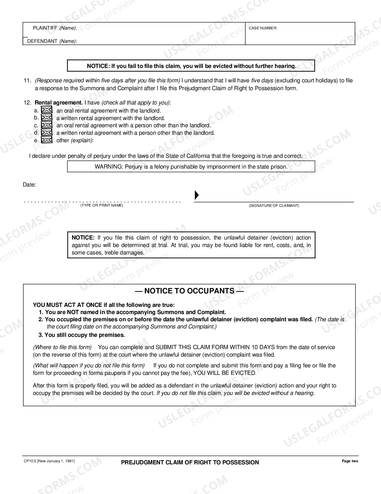 Preview Prejudgment Claim of Right to Possession - Unofficial form for service with summons in unlawful detainer cases