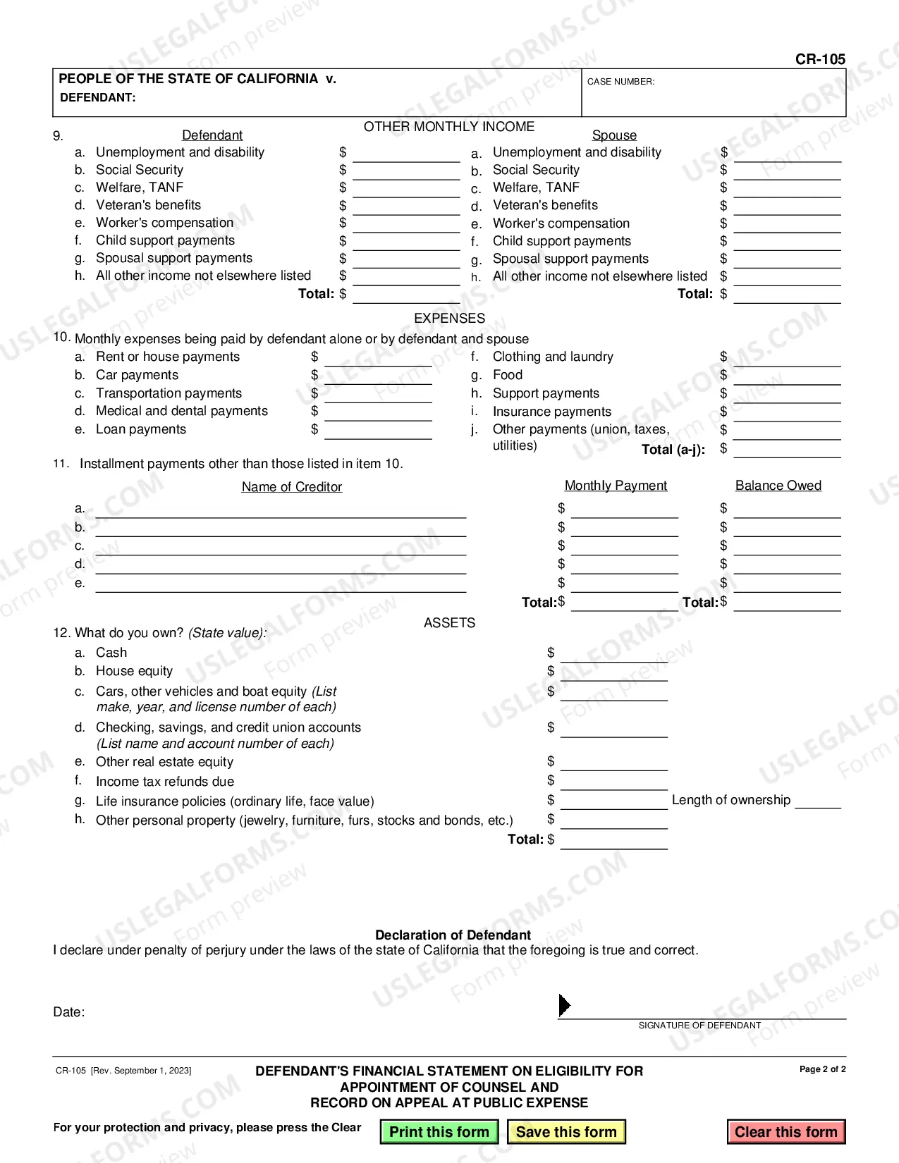 Preview Defendant's Financial Statement on Eligibility for Appointment of Counsel and Reimbursement and Record on Appeal at Public Expense