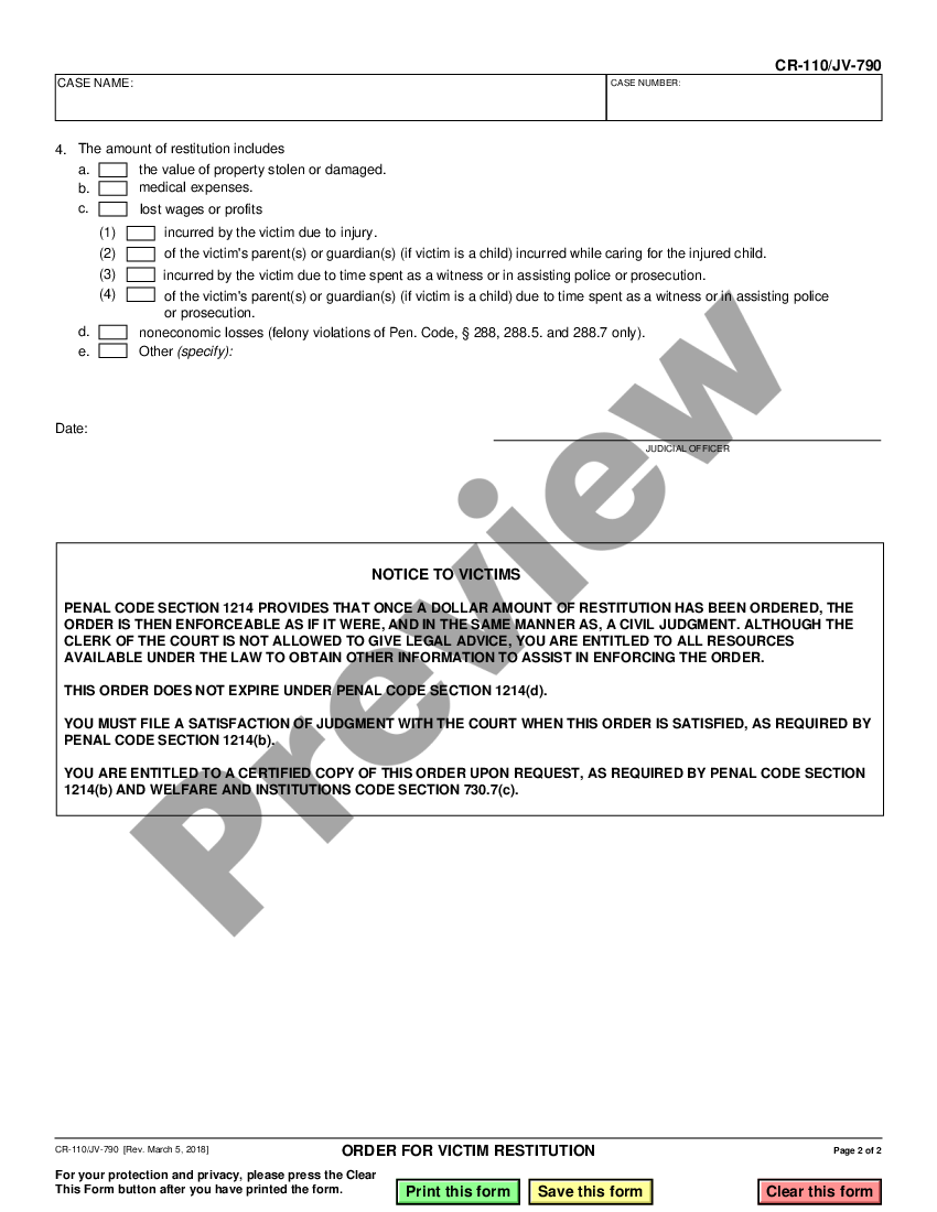 California Order for Restitution and Abstract of Judgment Criminal