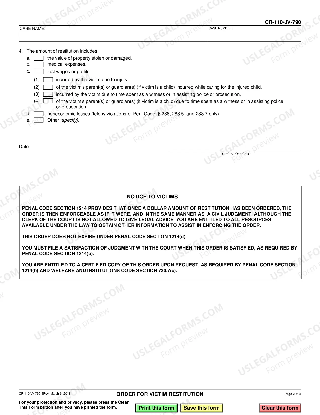 Preview Order for Restitution and Abstract of Judgment - Criminal