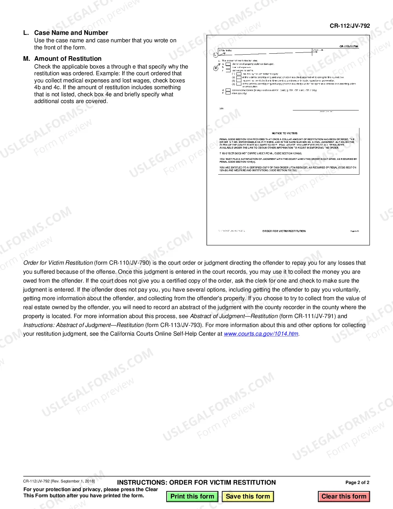 Preview Instructions for Order of Restitution and Abstract of Judgment - same as form JV-792