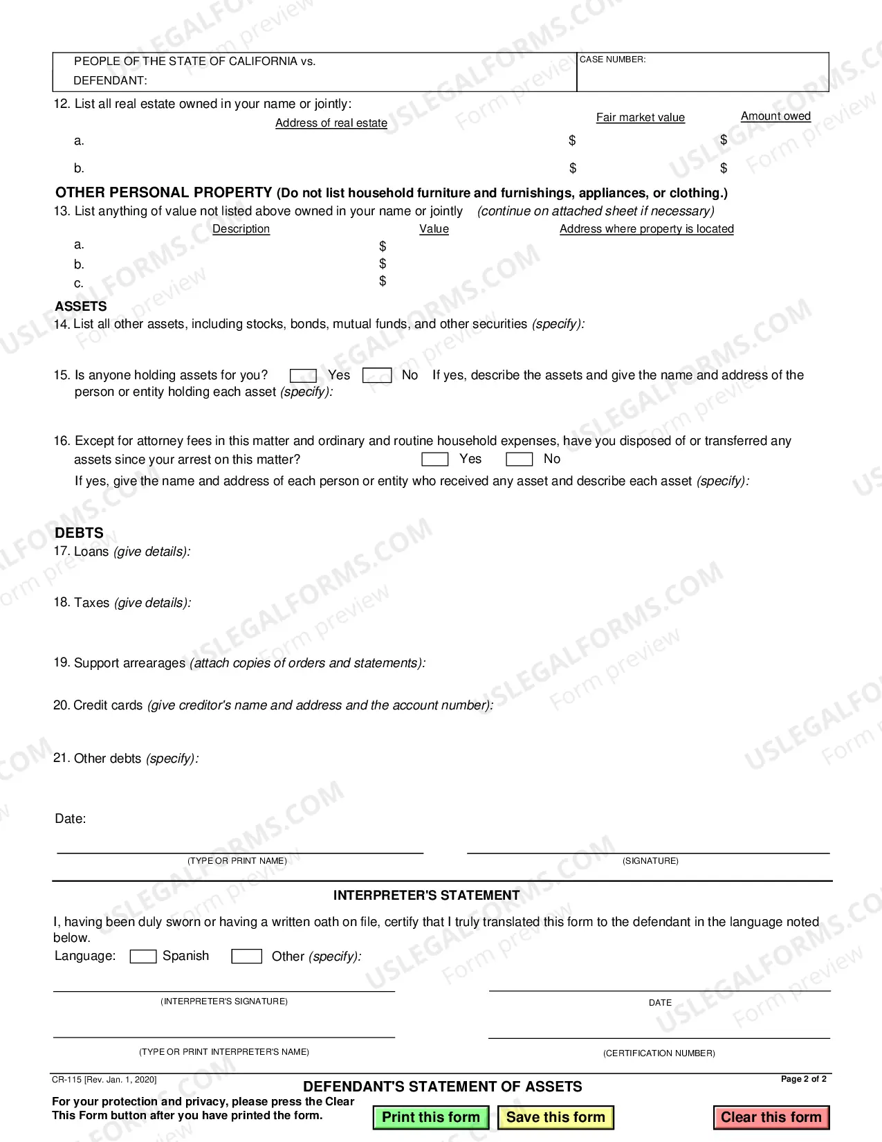 Preview Defendant's Statement of Assets