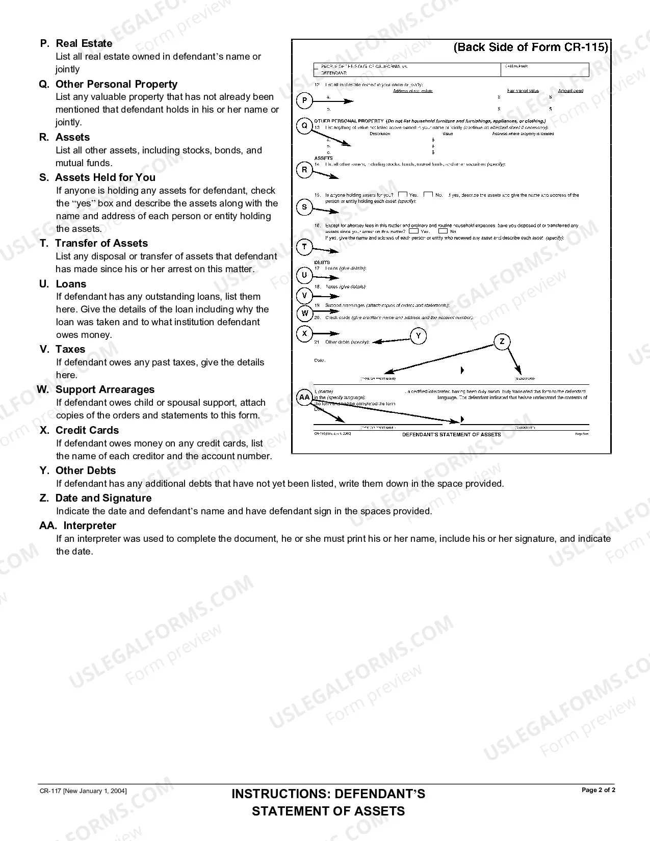 Preview Instruction form for filling out Defendant's Statement of Assets - CR-115