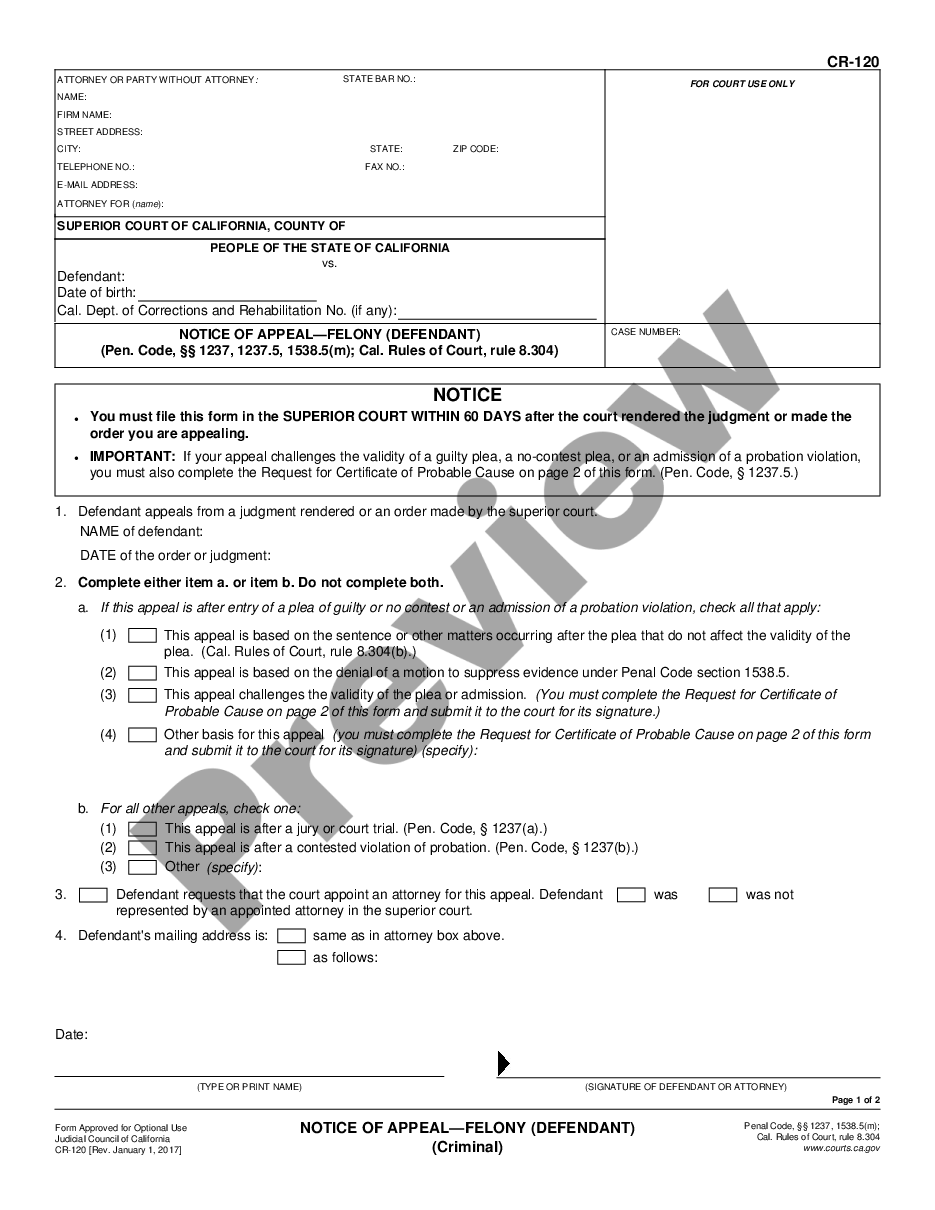 form Notice of Appeal - Felony - Defendant preview