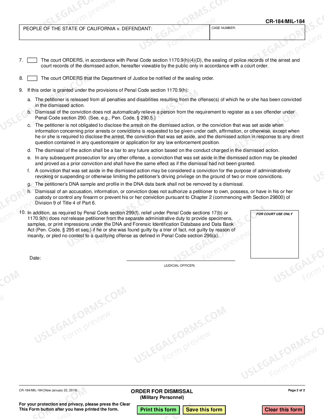Preview Order for Dismissal - Military Personnel