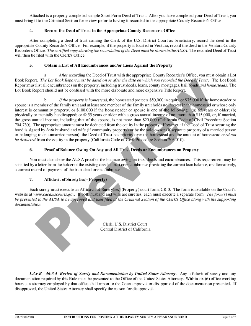 California Instructions for Posting a Third Party Surety Appearance