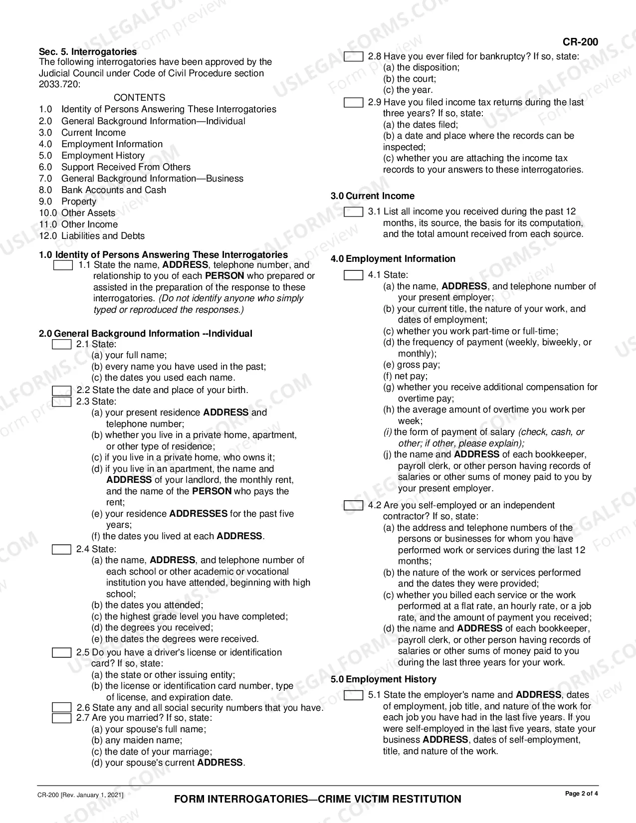 Preview Form Interrogatories - Crime Victim Restitution