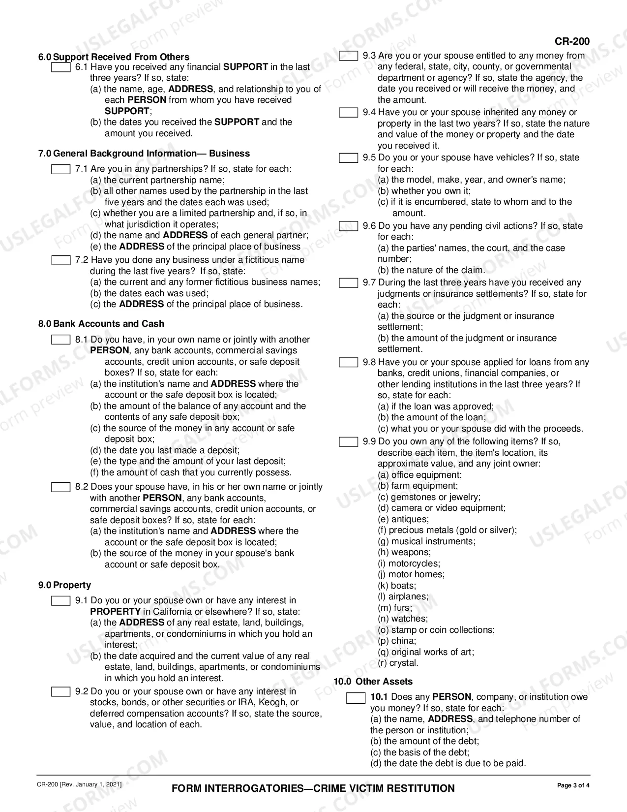 Preview Form Interrogatories - Crime Victim Restitution