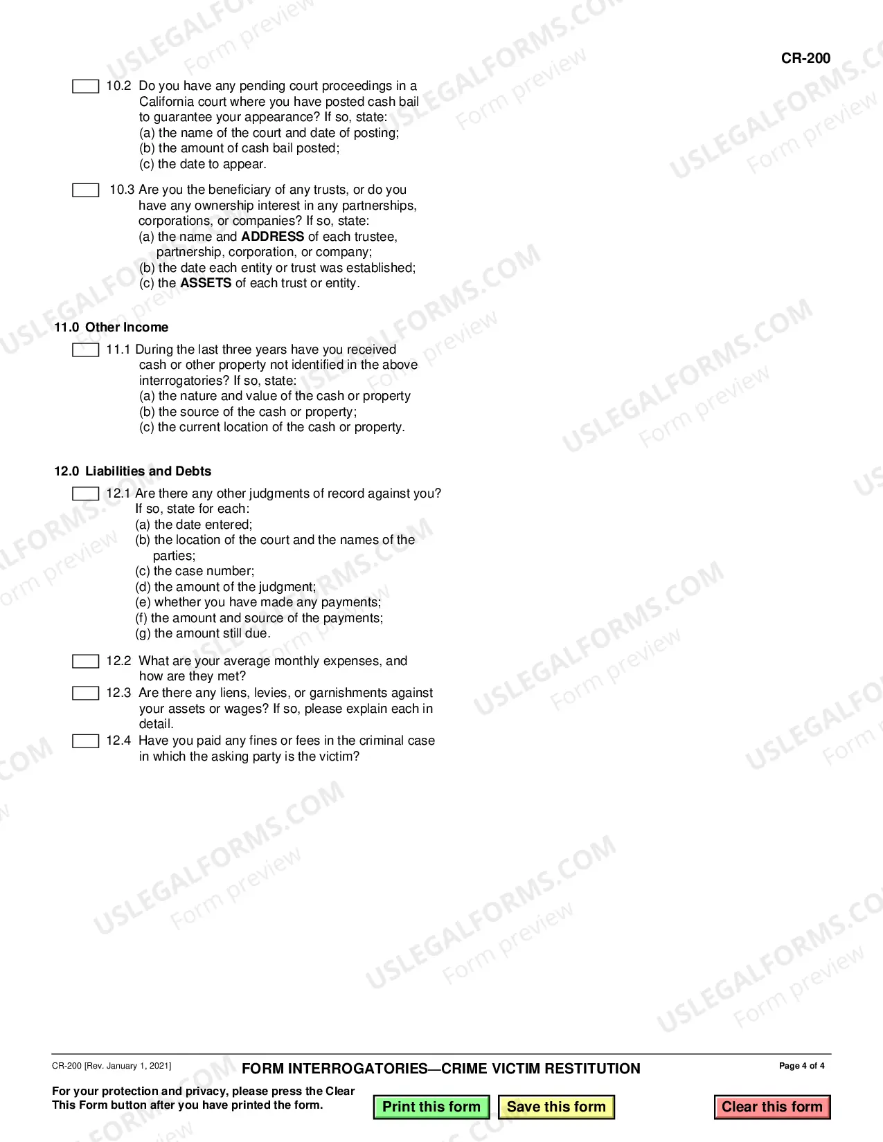 Preview Form Interrogatories - Crime Victim Restitution