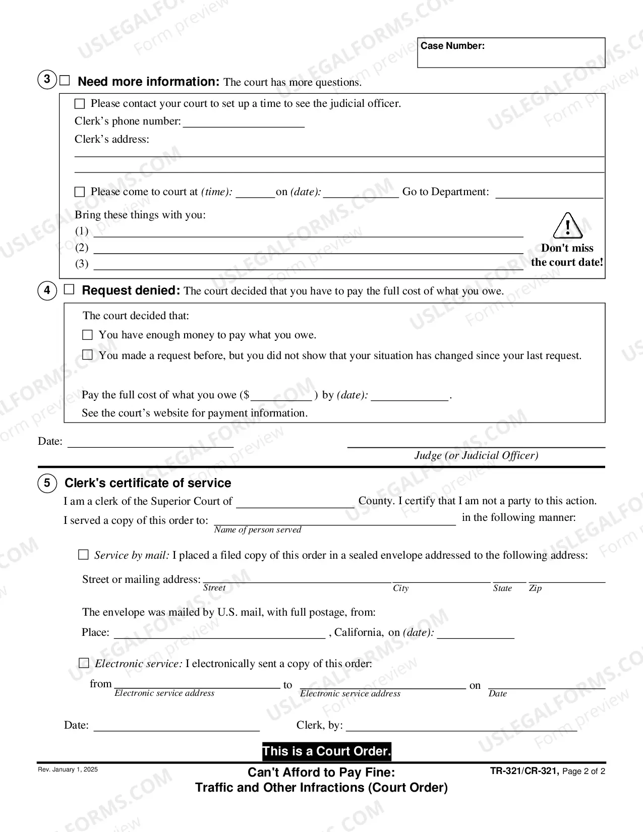 Preview Can't Afford to Pay Fine - Traffic and Other Infractions - Court Order