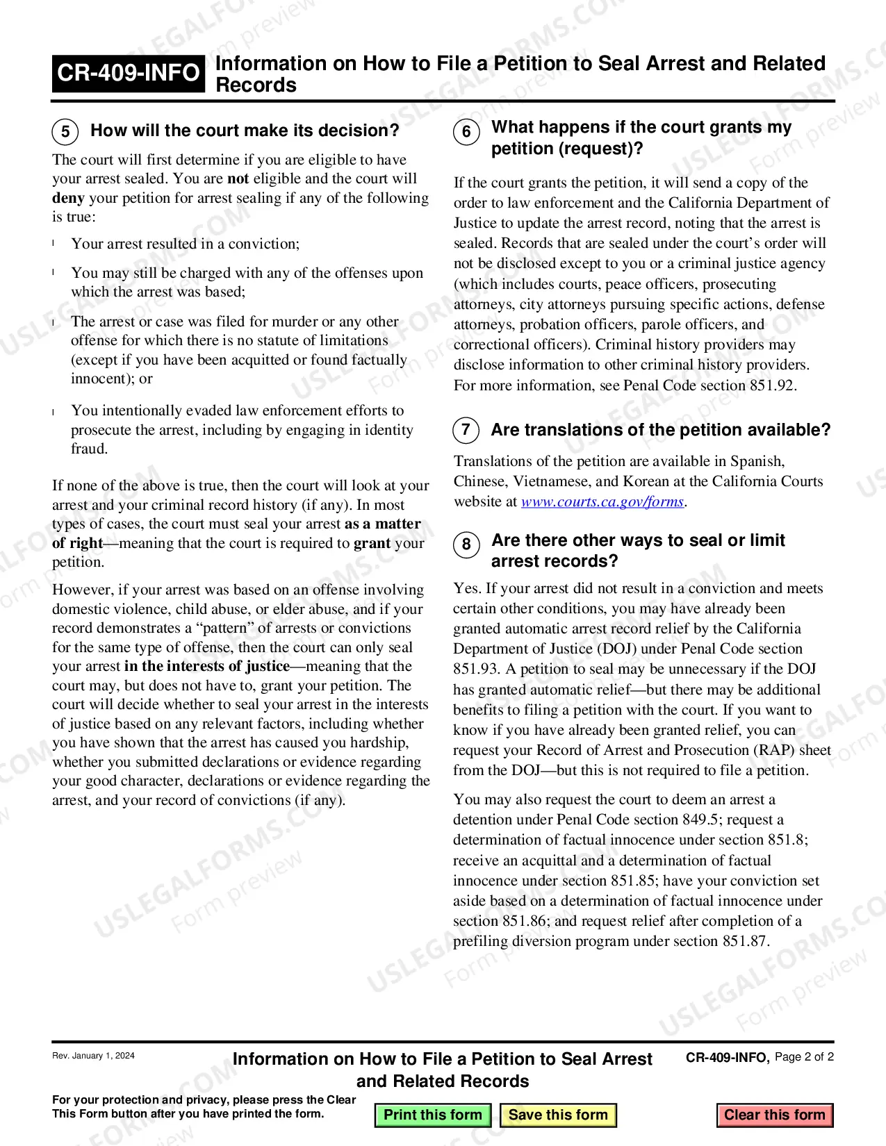Preview Information on How to File a Petition to Seal Arrest and Related Records Under Penal Code Section 851-91
