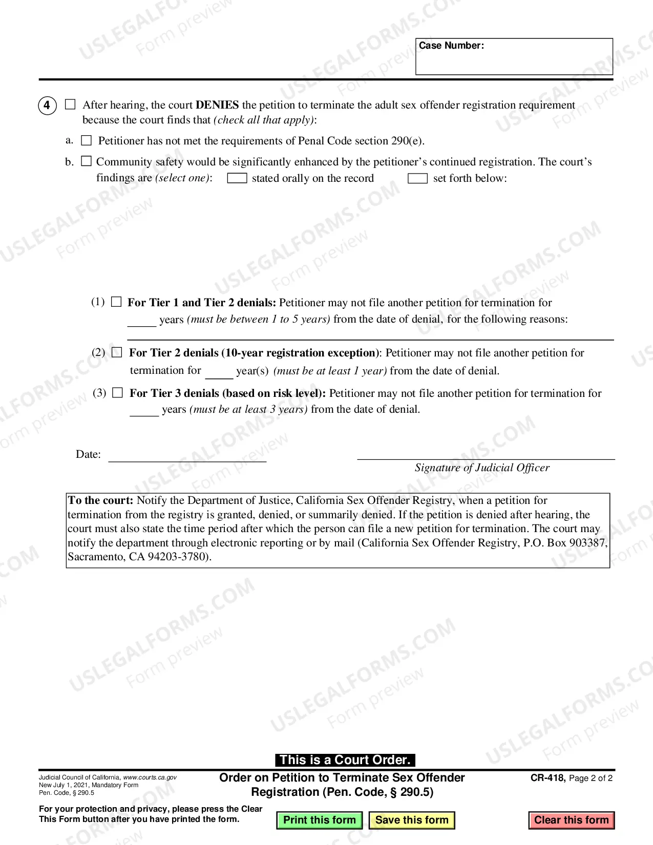 Preview Order on Petition to Terminate Sex Offender Registration - Penal Code 290-5