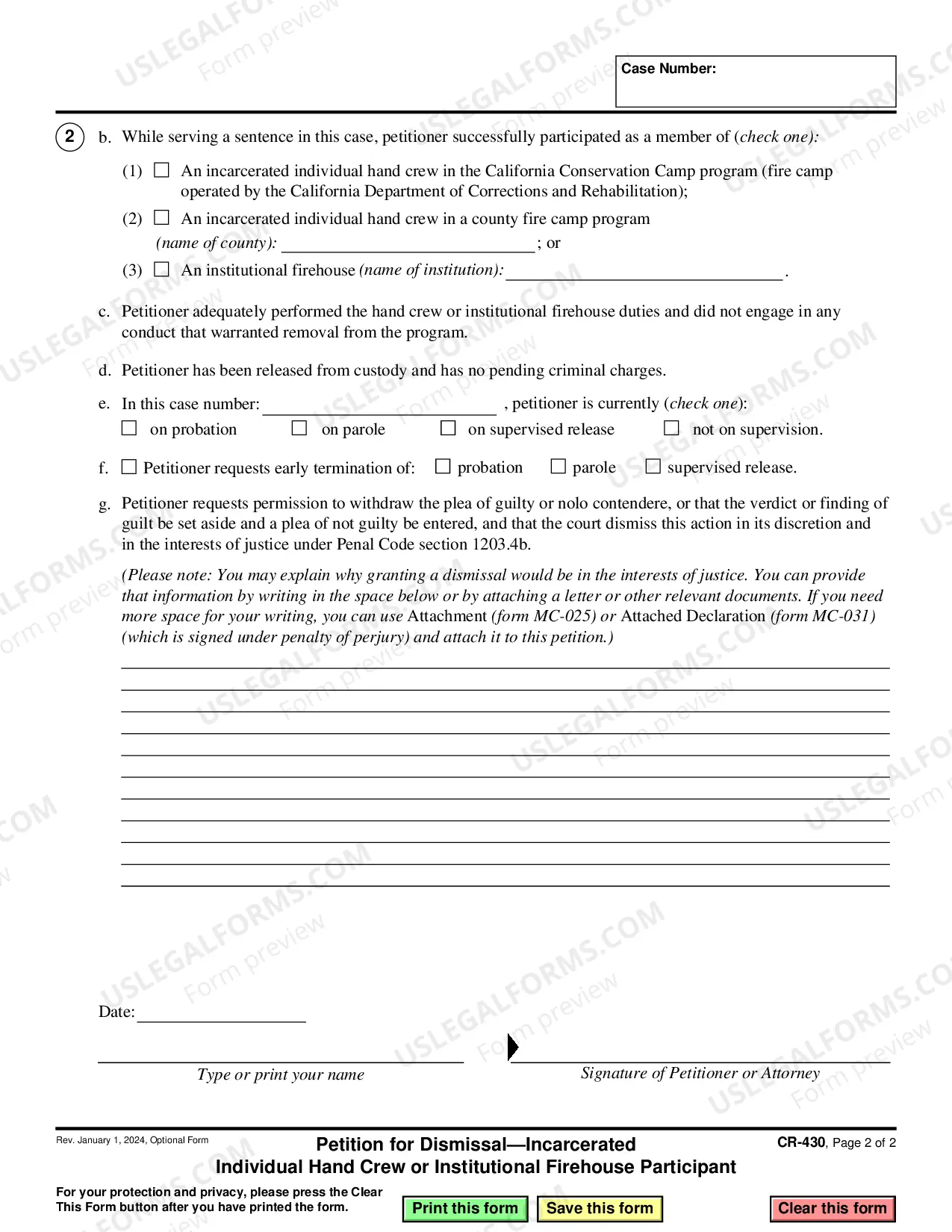 Preview Petition for Dismissal - Incarcerated Individual Hand Crew - Penal Code 1203-4B