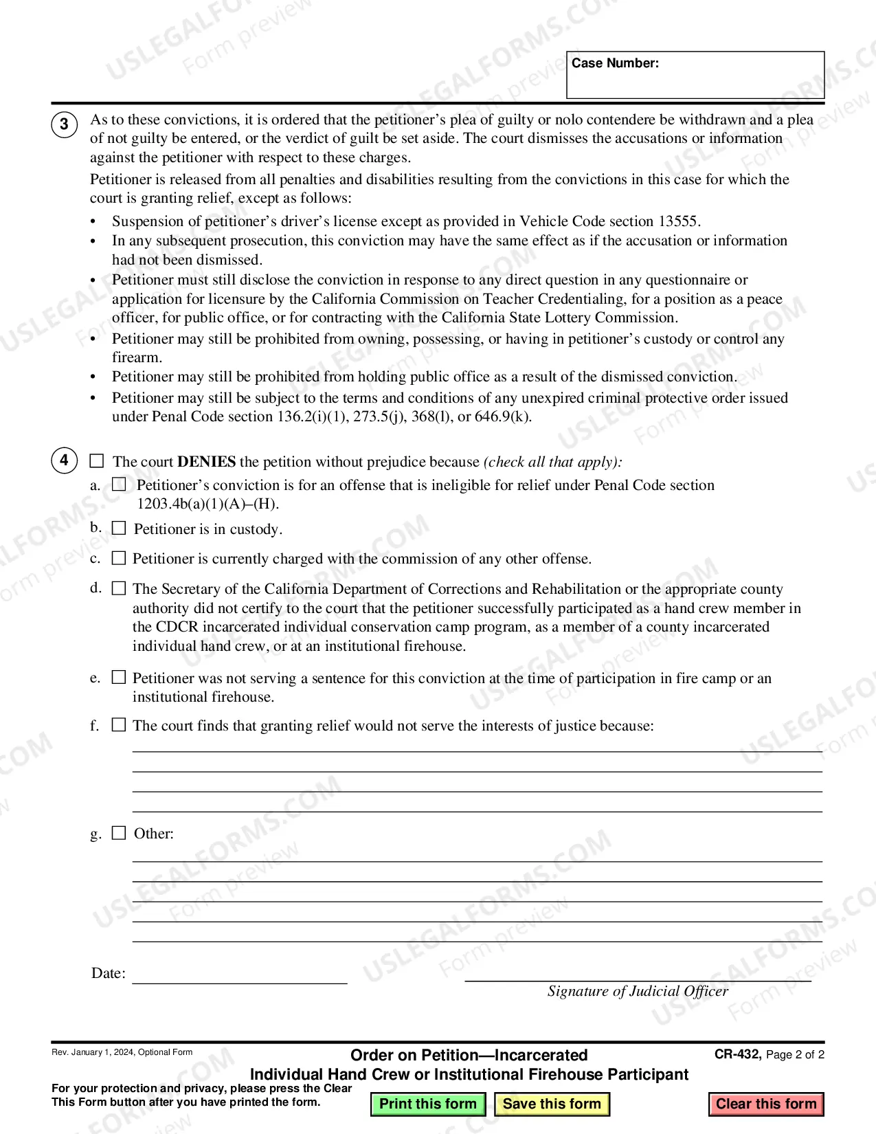 Preview Order on Petition - Incarcerated Individual Hand Crew - Penal Code 1203-4B