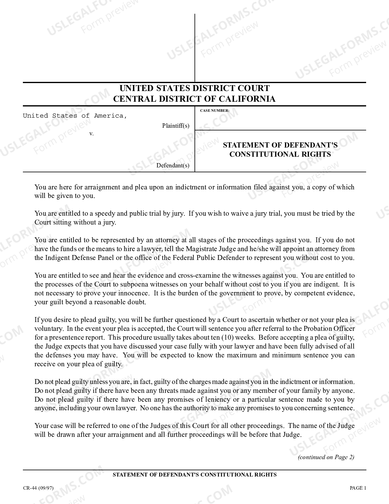 California Statement of Defendant's Constitutional Rights US Legal Forms