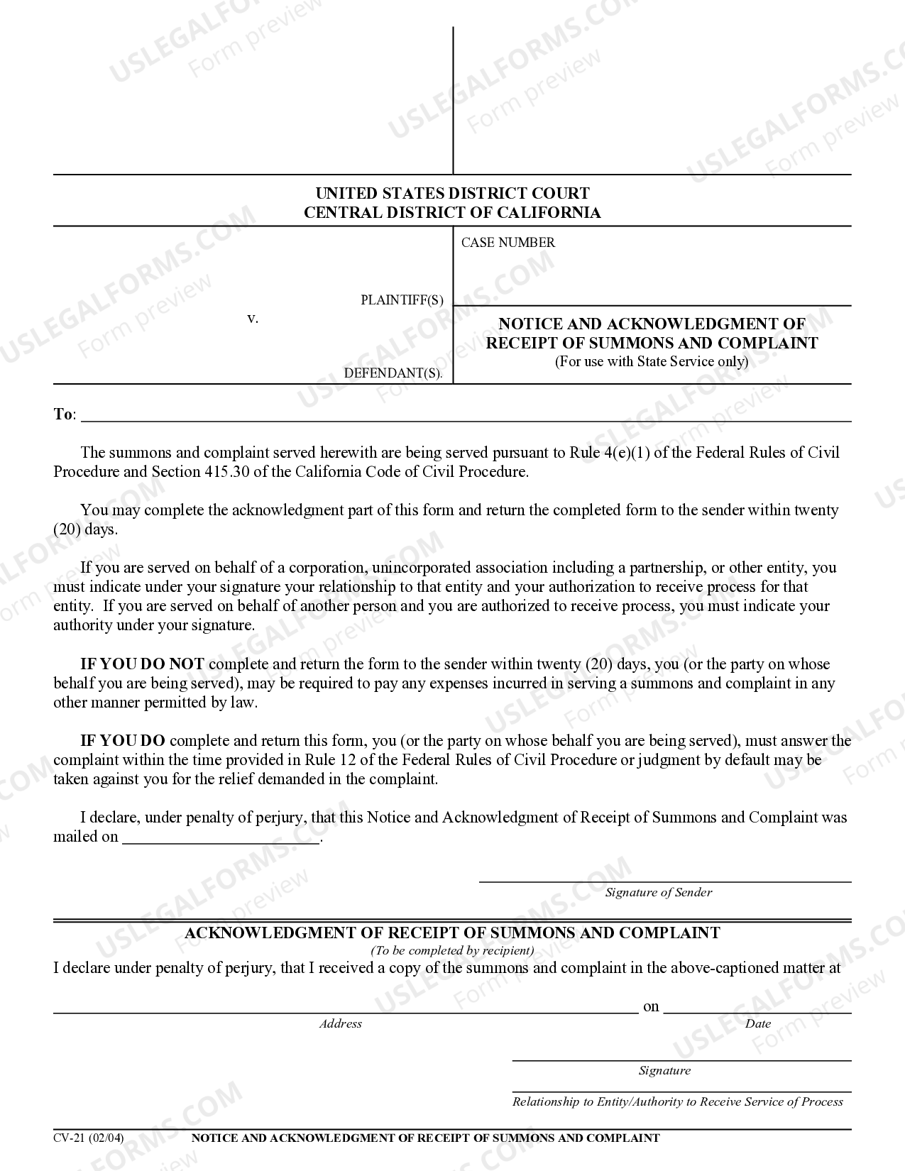 San Bernardino California Notice and Acknowledgment of Receipt of