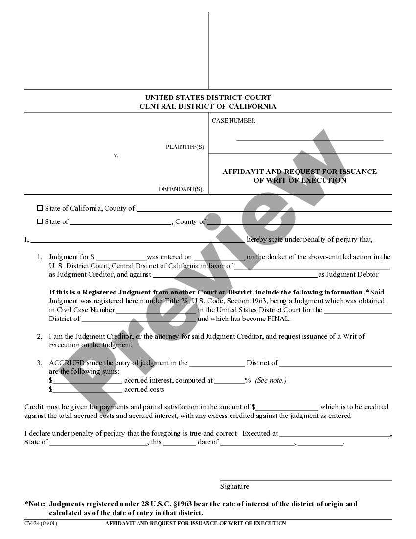 El Monte California Affidavit And Request For Issuance Of Writ Of Execution Us Legal Forms 8640