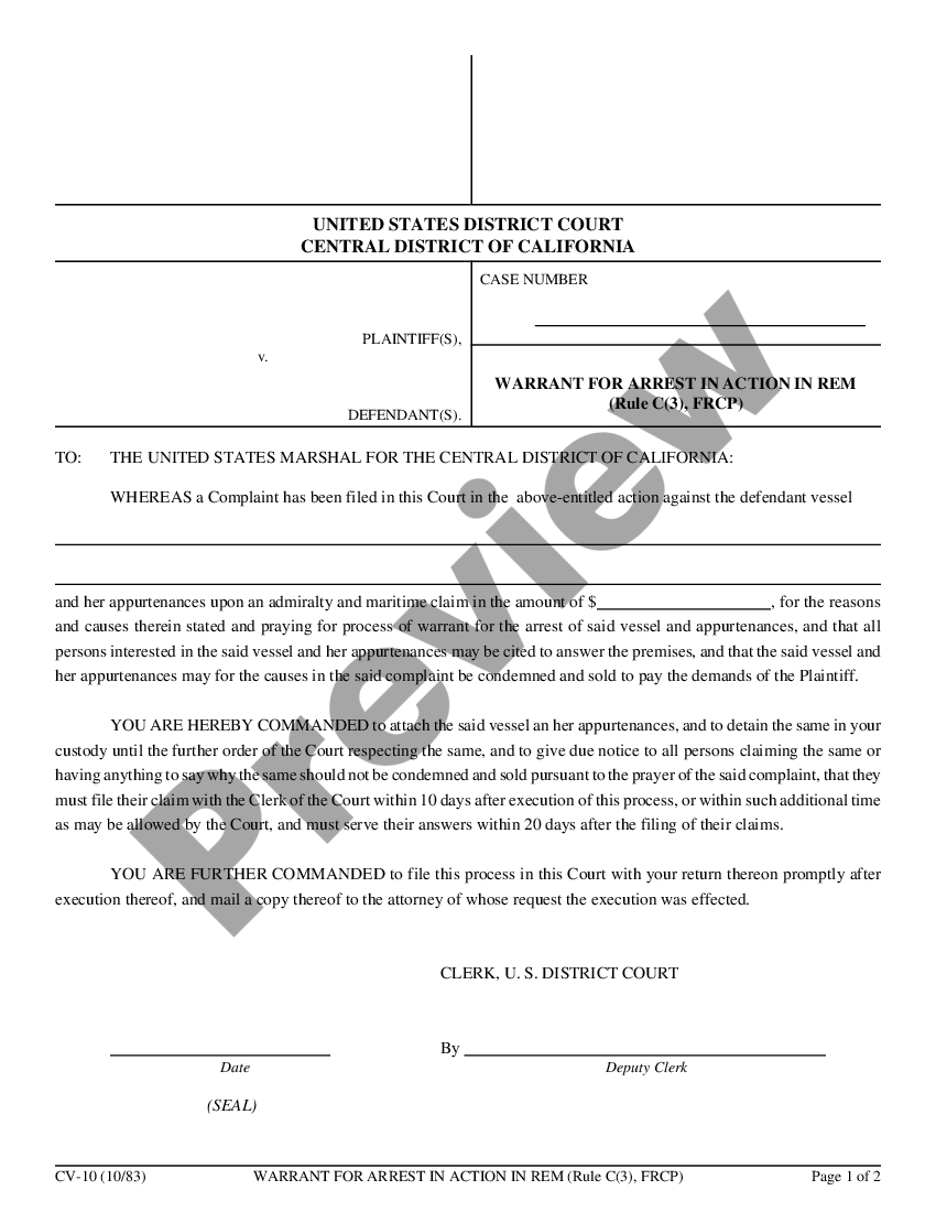 California Warrant for Arrest in Action in Rem US Legal Forms