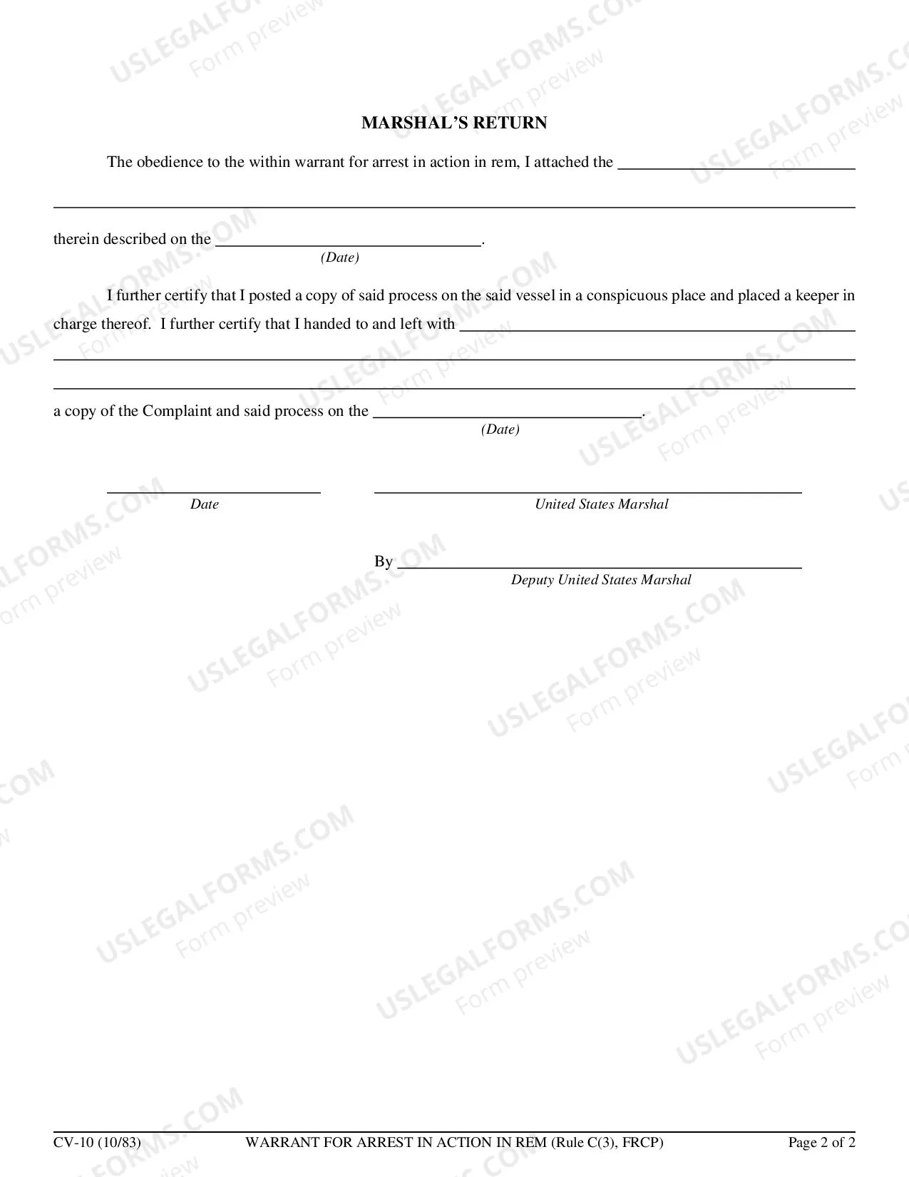 Preview Warrant For Arrest in Action in Rem