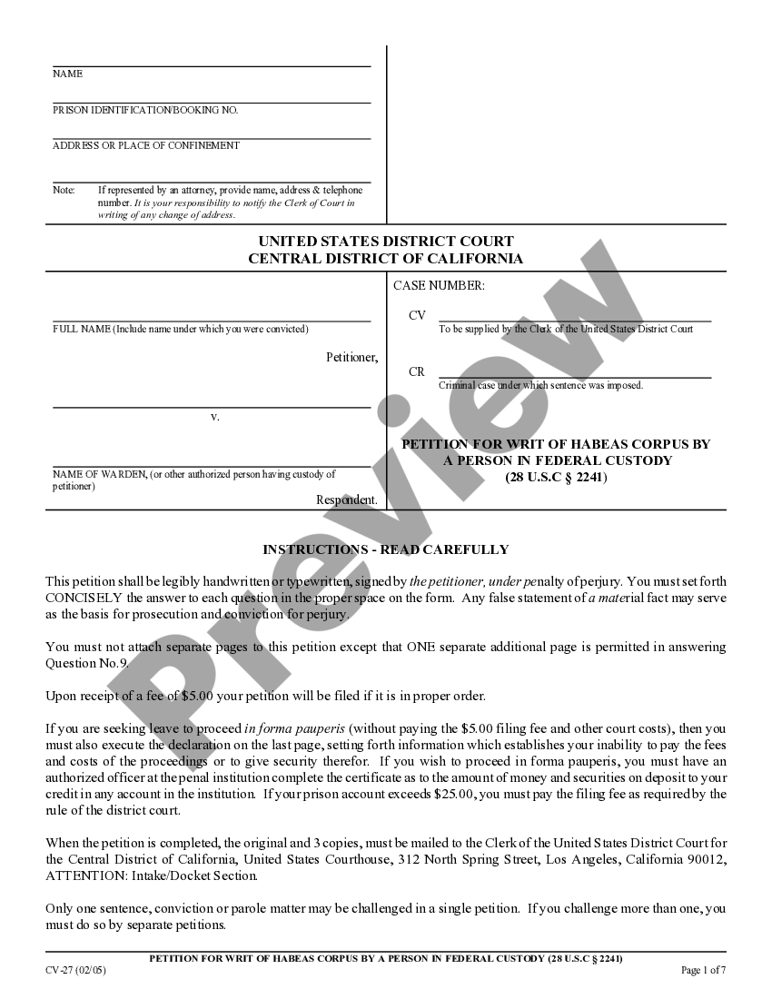 San Diego California Petition for Writ of Habeas Corpus by a Person in