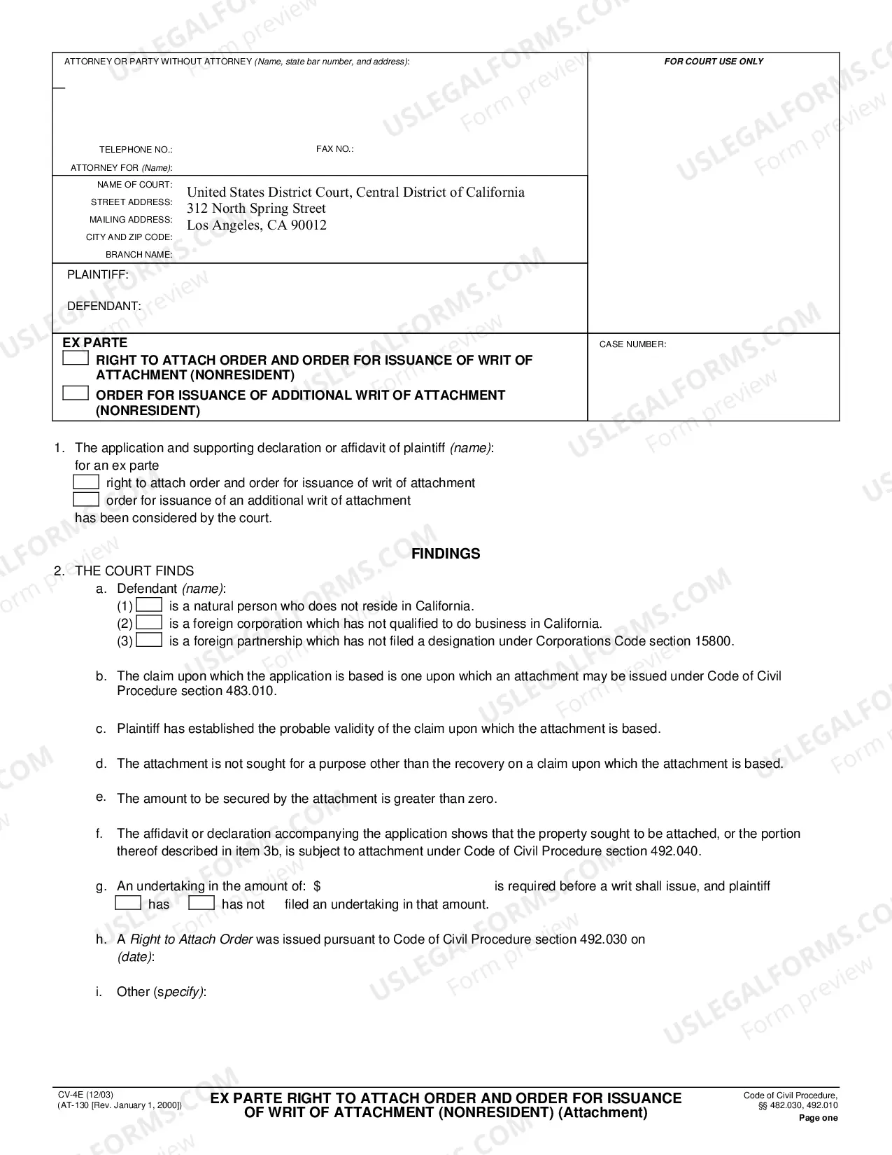Preview Ex Parte Right to Attach Order and Order for Issuance of Writ of Attachment