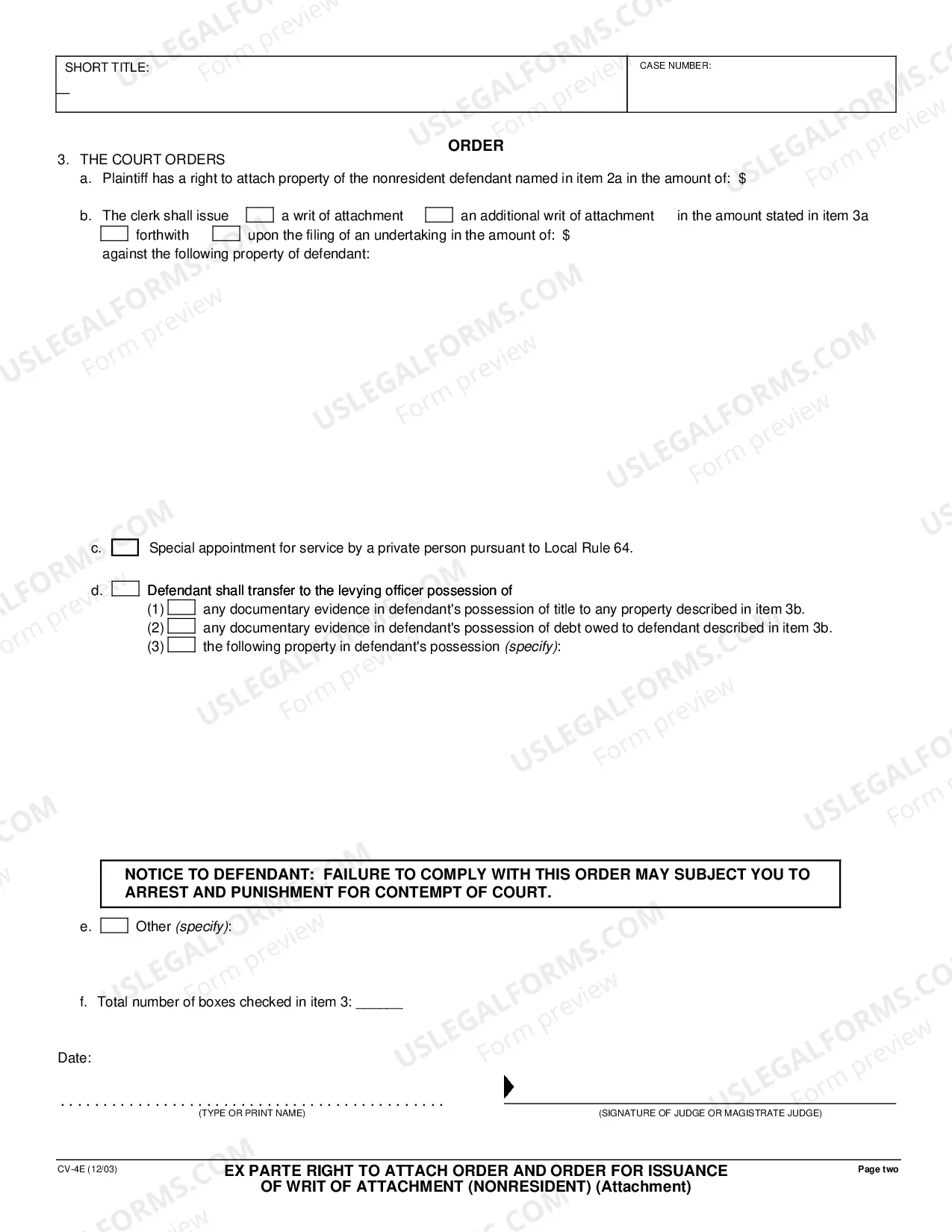 Preview Ex Parte Right to Attach Order and Order for Issuance of Writ of Attachment