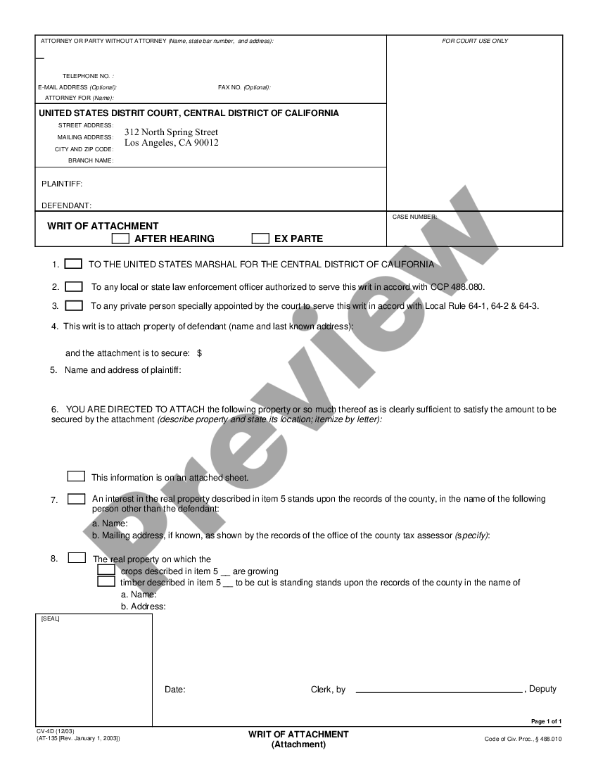 Clovis California Writ of Attachment - Attachment | US Legal Forms