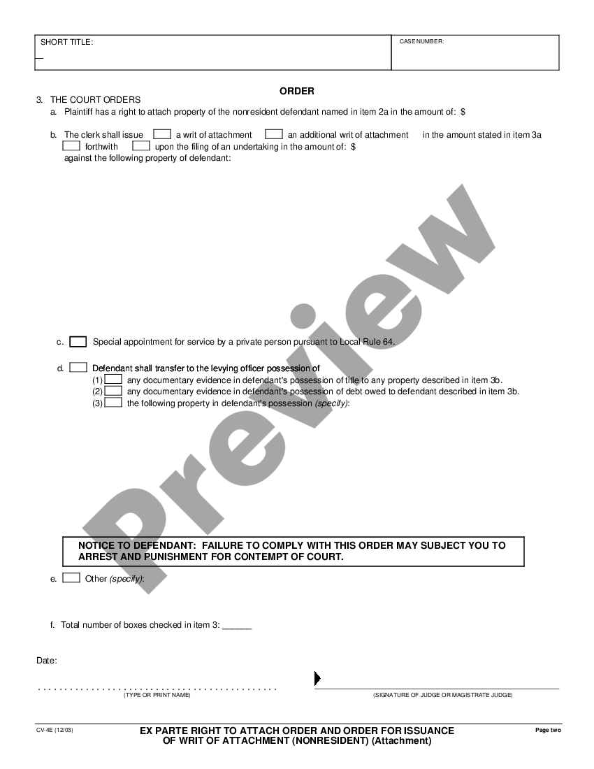 Los Angeles California Ex Parte Right To Attach Order And Order For Issuance Of Writ Of 0721