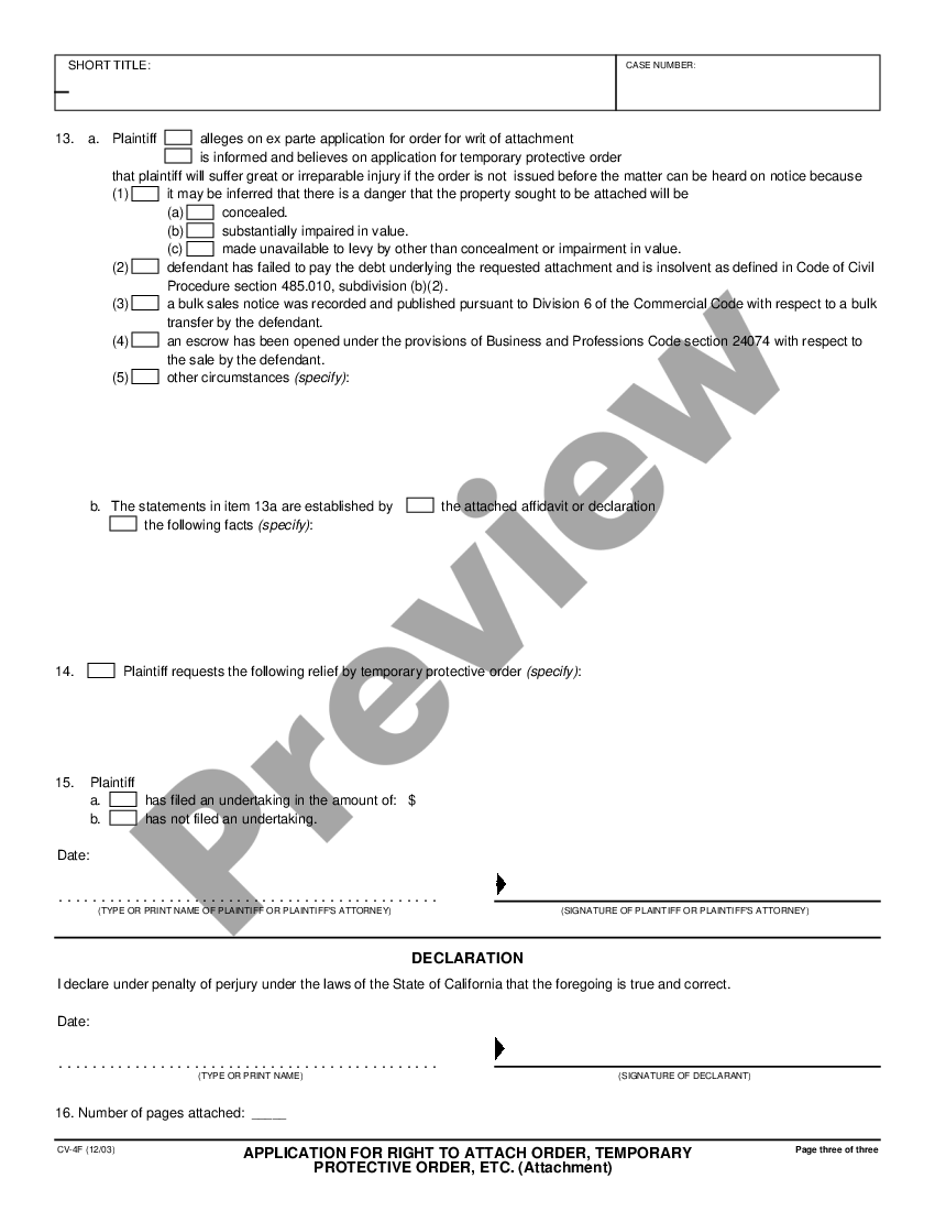 Los Angeles California Application for Right to Attach Order, Temporary ...