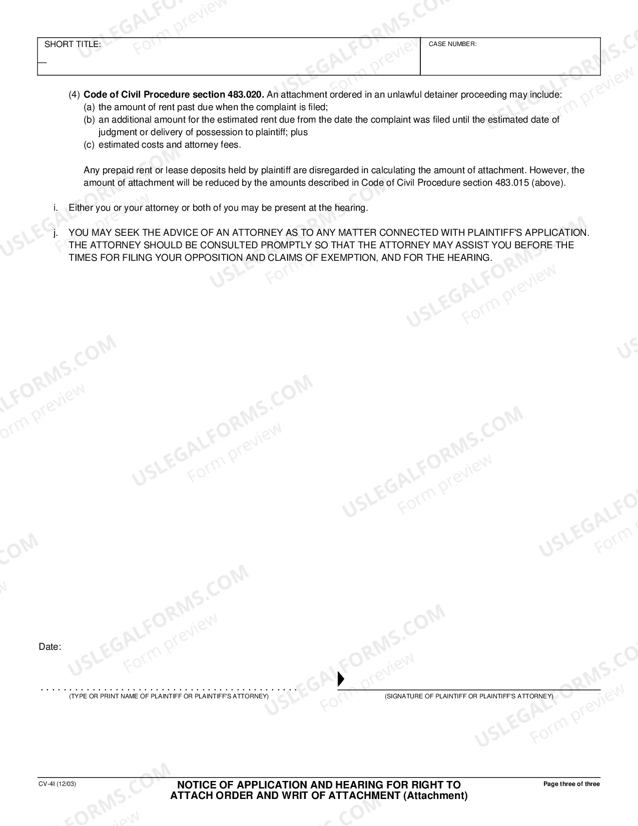 Preview Notice of Application and Hearing for Right to Attach Order and Writ of Attachment - Attachment