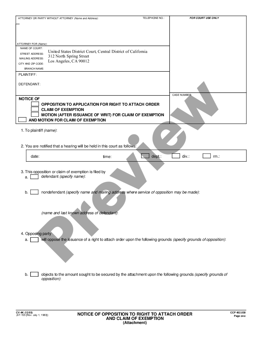 El Cajon California Notice of Opposition to Right to Attach Order and ...