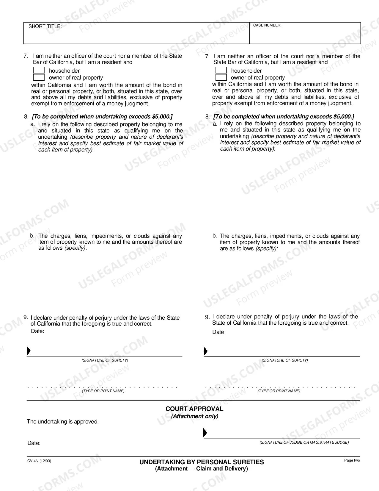 Preview Undertaking by Personal Sureties - Attachment - Claim and Delivery