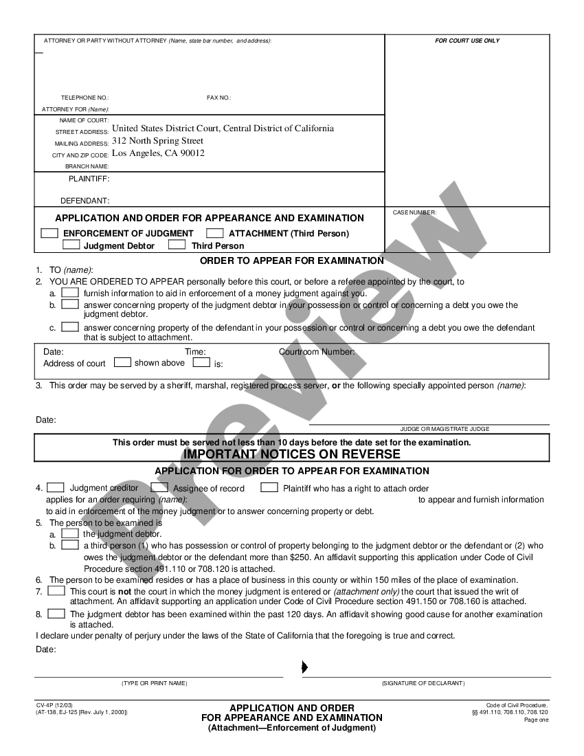 Alameda California Application And Order For Appearance And Examination 