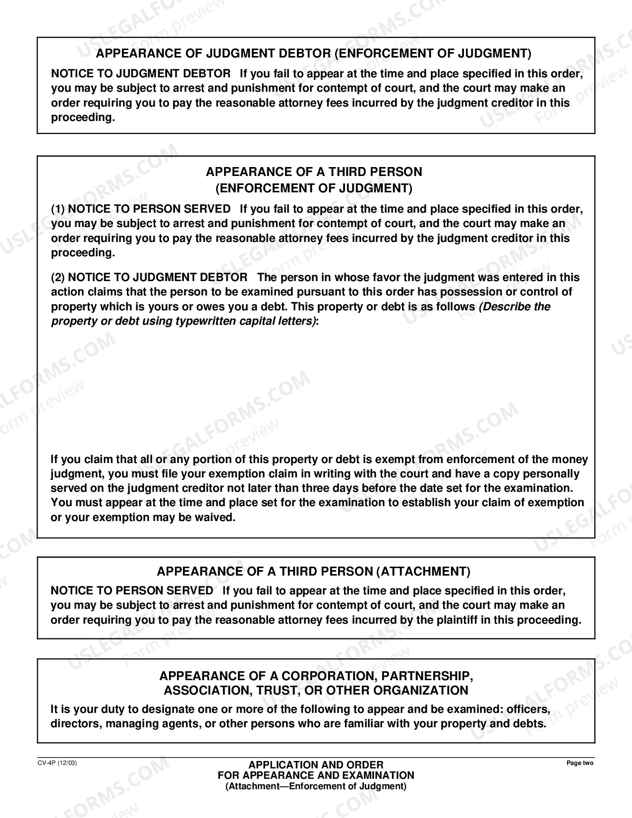 Preview Application and Order for Appearance and Examination - Attachment - Enforcement of Judgment